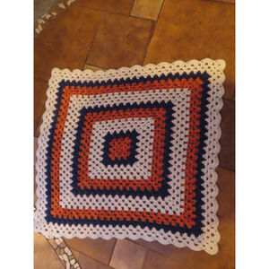 VTG Handmade CROCHETED Lap Quilt Throw Sqaure Orange Blue White 36" Square